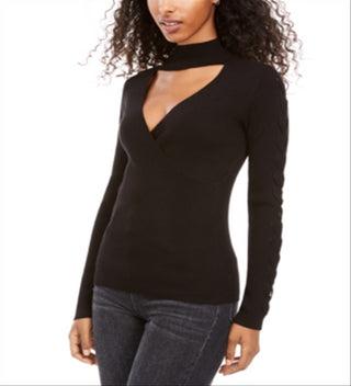 Hippie Rose Junior's Mock Neck Cutout Sweater Black Size X-Small