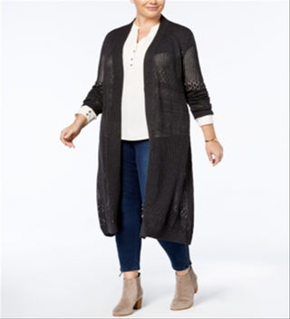 Belldini Women's Plus Pointelle Stitch Duster Cardigan Gray Size 1X