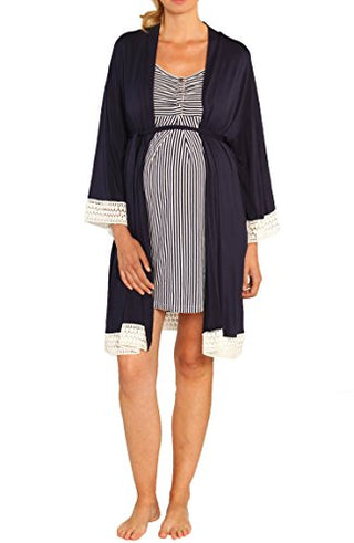 Angel Maternity Nursing Dress, Robe & Baby Blanket Set in Navy Stripes , Size X-Small Blue