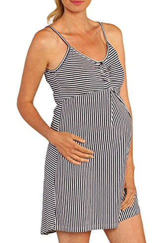 Angel Maternity Nursing Dress, Robe & Baby Blanket Set in Navy Stripes , Size X-Small Blue