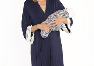 Angel Maternity Nursing Dress, Robe & Baby Blanket Set in Navy Stripes , Size X-Small Blue