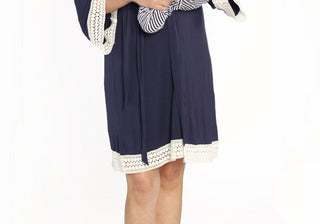 Angel Maternity Nursing Dress, Robe & Baby Blanket Set in Navy Stripes , Size X-Small Blue