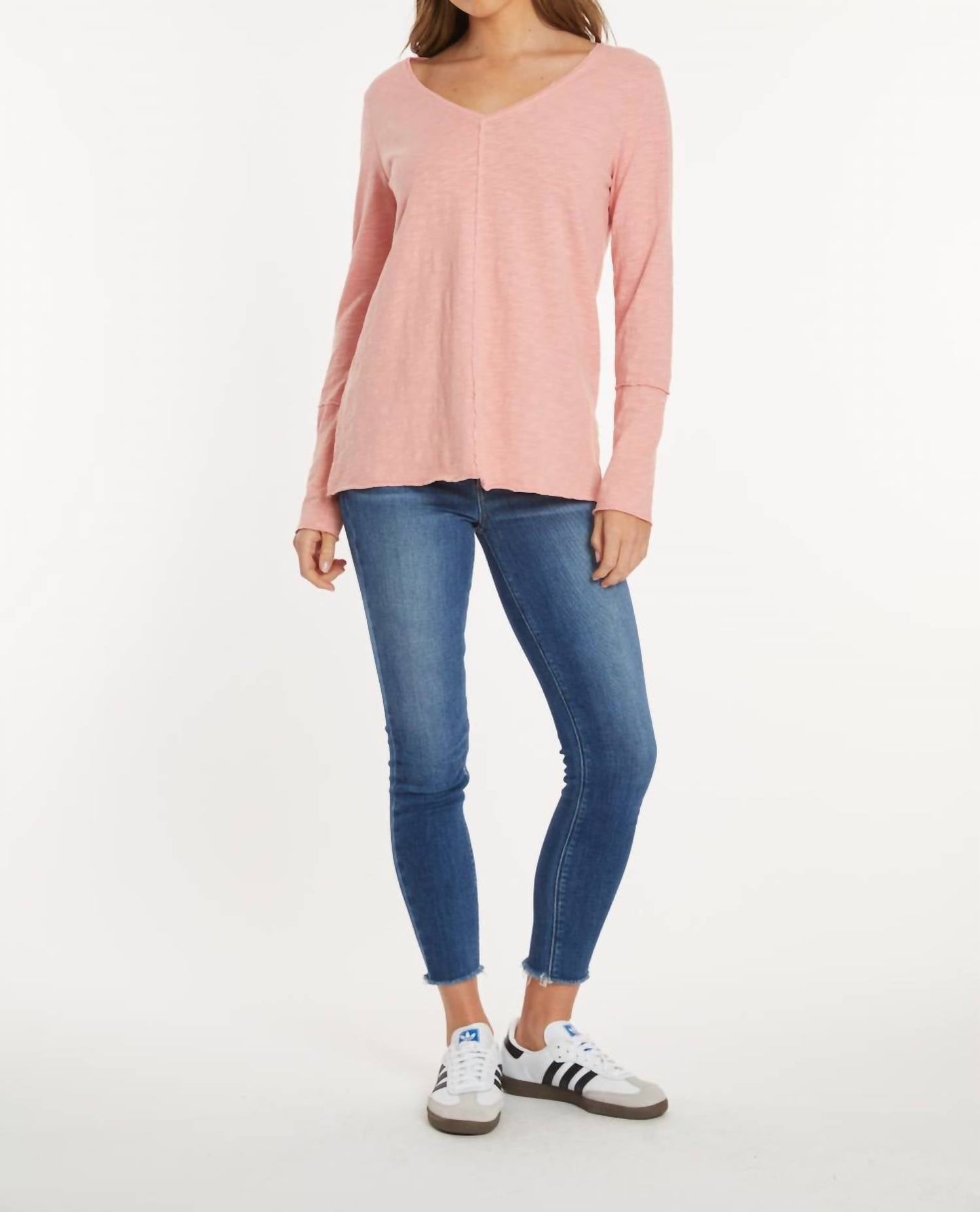 Mododoc - Long Sleeve Wide V-neck Tunic Top