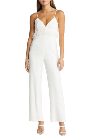 Saylor Krysta Small White Satin Jumpsuit with Faux Feathers
