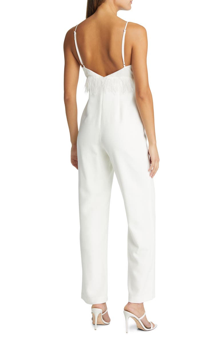 Saylor Krysta Small White Satin Jumpsuit with Faux Feathers