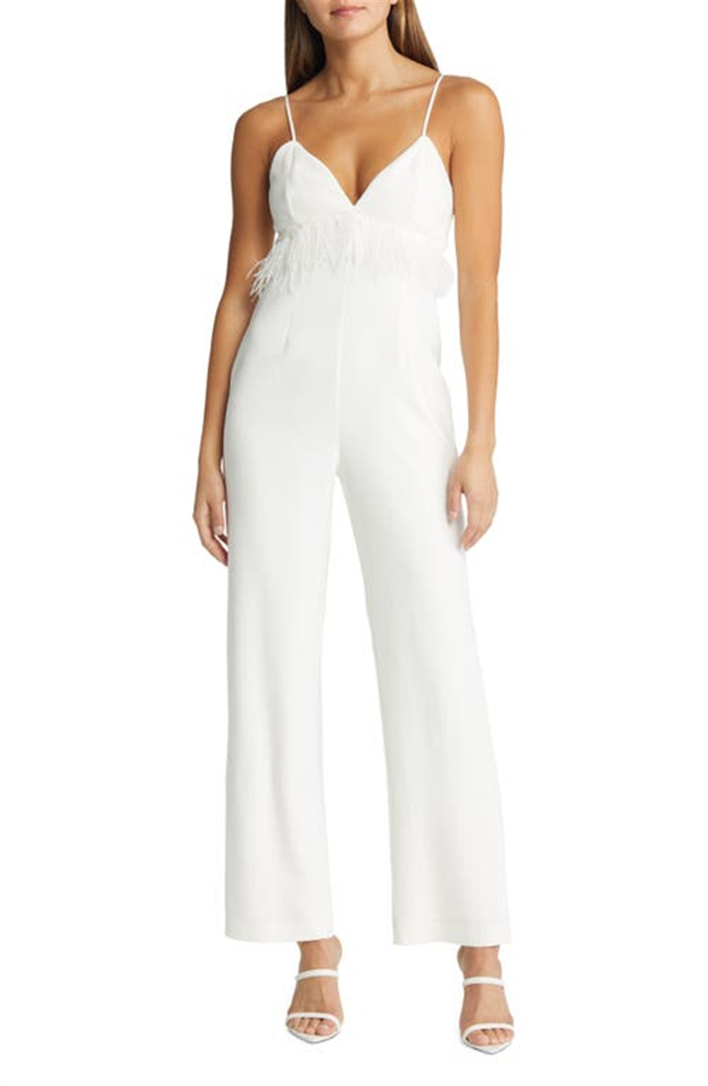 Saylor Krysta Small White Satin Jumpsuit with Faux Feathers