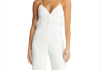 Saylor Krysta Small White Satin Jumpsuit with Faux Feathers