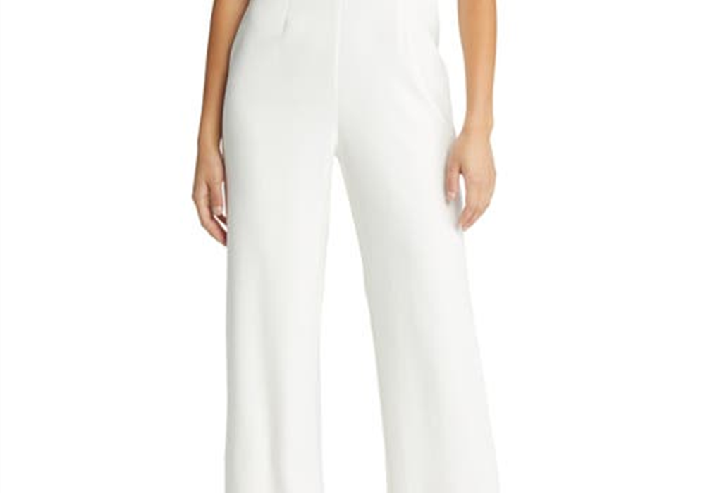 Saylor Krysta Small White Satin Jumpsuit with Faux Feathers