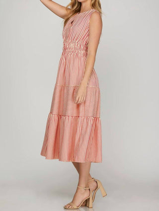 She + Sky - Striped Split Neck Sleeveless Midi Dress