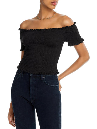 Aqua Womens Smocked Off-the-Shoulder Crop Top Black Size S