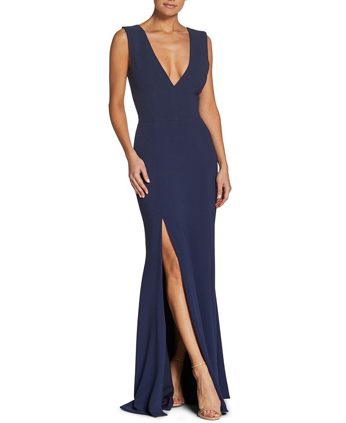 Dress the Population Women's Sandra Plunge Crepe Trumpet Gown Blue Size Large