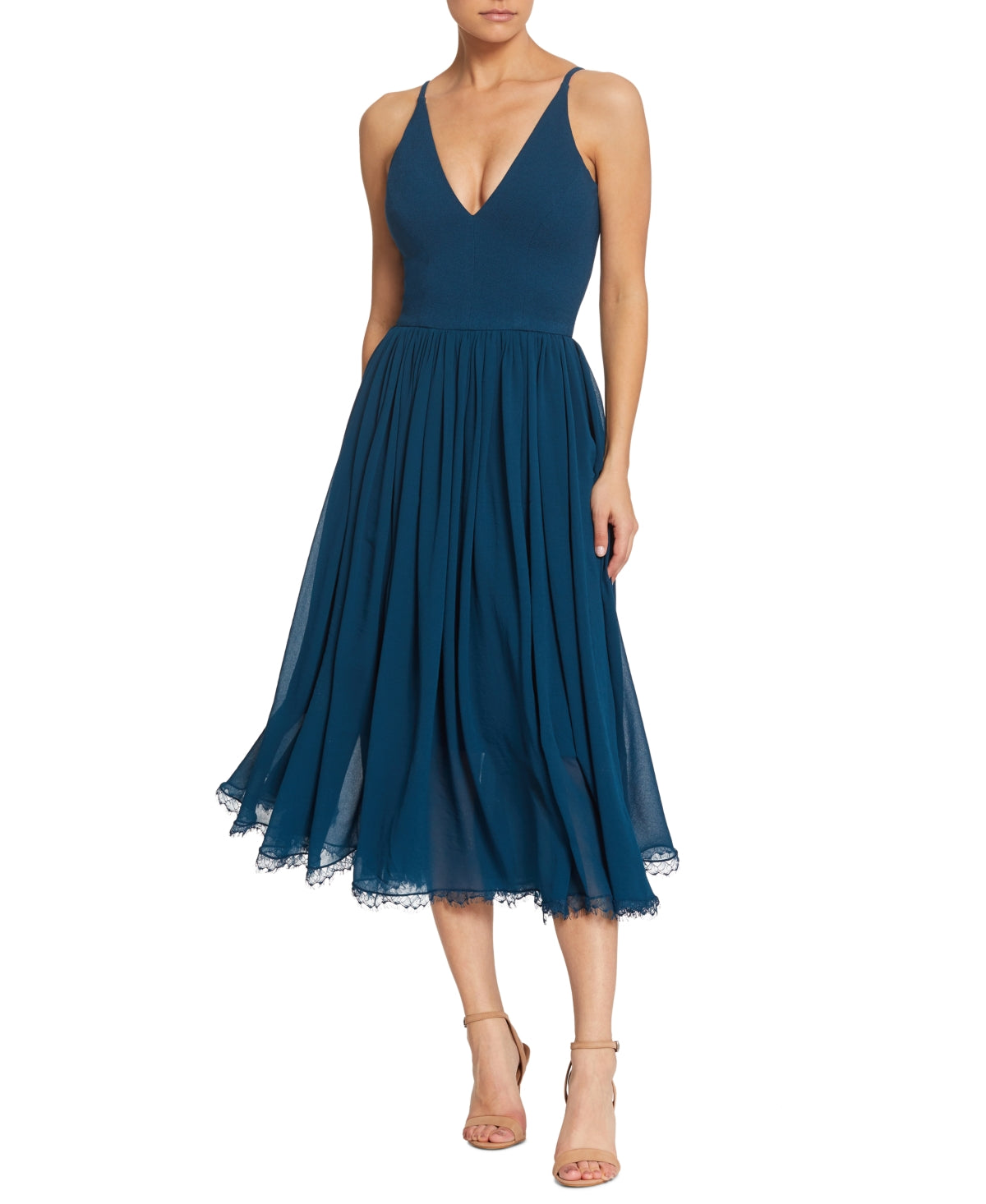 Dress The Population Women's Alicia Mixed Media Midi Dress Blue Size Medium