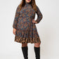 Leota Women's Long Sleeve Olive Dress in Boho Paisley (Curve) Blue