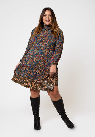 Leota Women's Long Sleeve Olive Dress in Boho Paisley (Curve) Blue