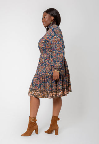 Leota Women's Long Sleeve Olive Dress in Boho Paisley (Curve) Blue