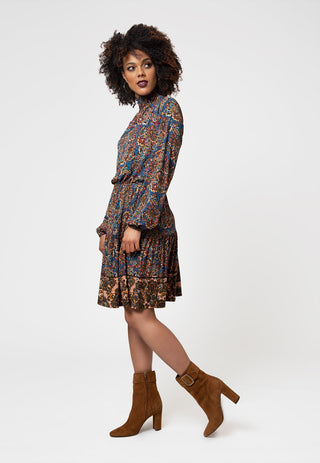 Leota Women's Long Sleeve Olive Dress in Boho Paisley Blue