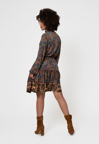Leota Women's Long Sleeve Olive Dress in Boho Paisley (Curve) Blue