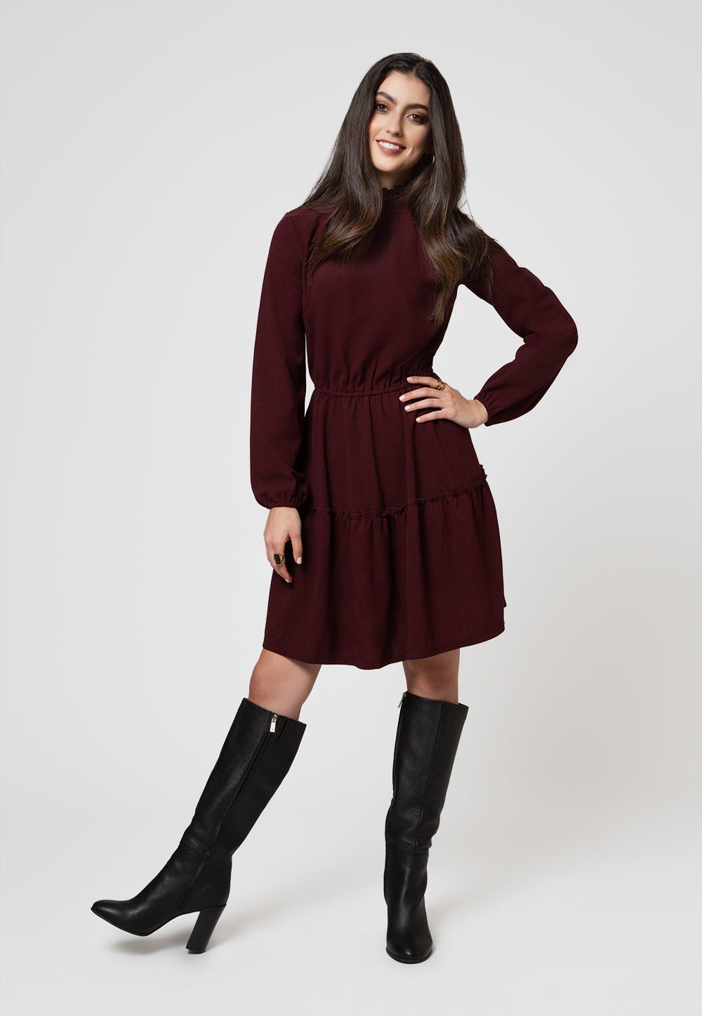 Leota Women's Long Sleeve Olive Dress in Maroon Red