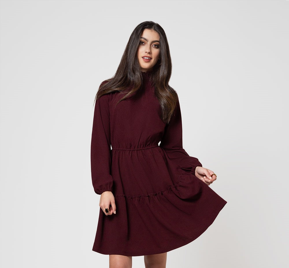 Leota Women's Long Sleeve Olive Dress in Maroon Red
