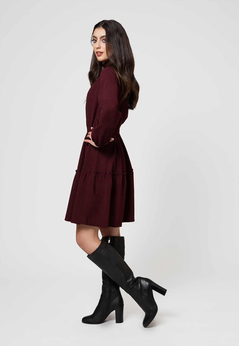 Leota Women's Long Sleeve Olive Dress in Maroon Red