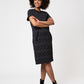 Leota Women's Short Sleeve Maddie Dress in Diamond Lines Luxe Jacquard Black