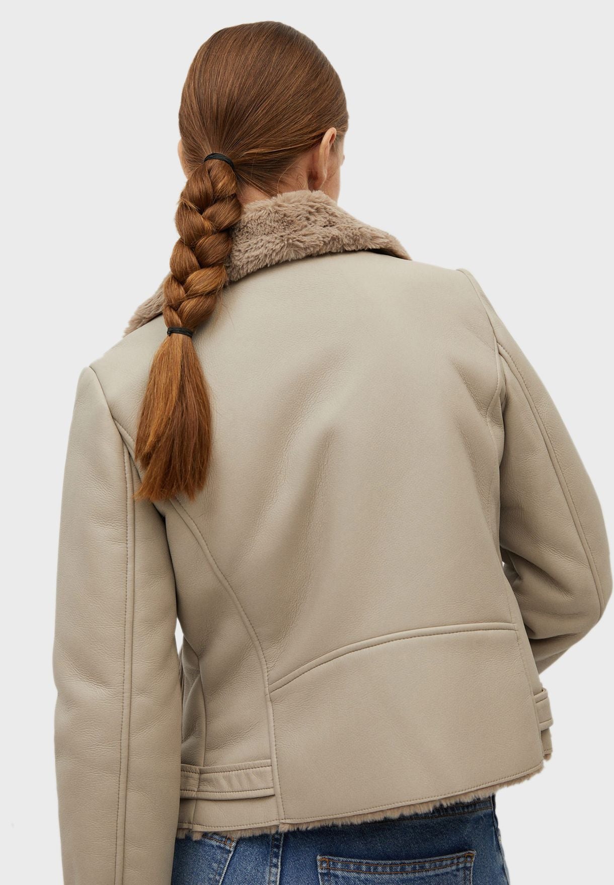 Mango Women's Faux Fur Biker Jacket Beige Size Large