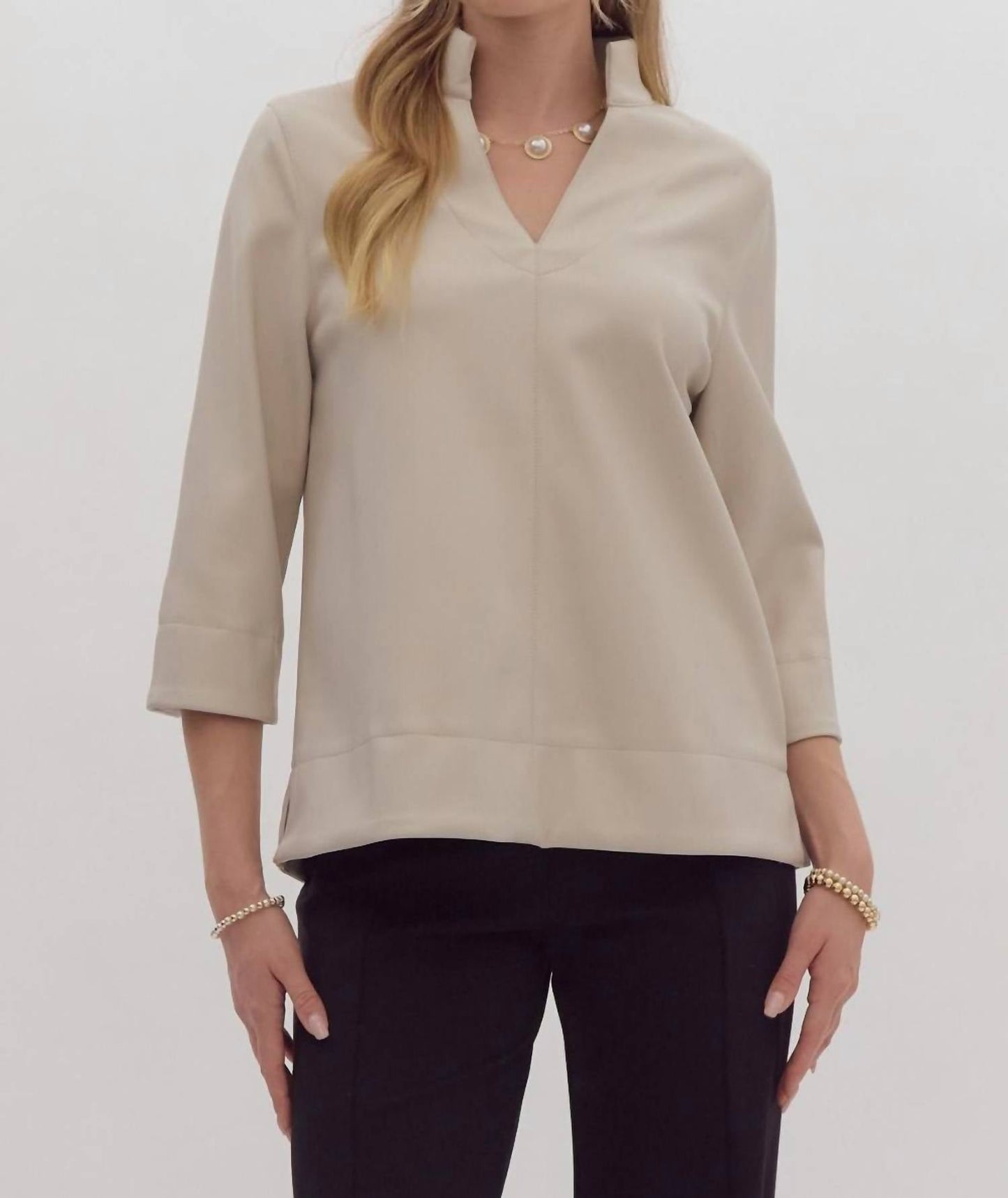 Entro - Faux Leather V-neck Pleather Blouse