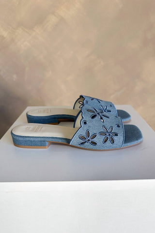 Oasis Society - Women's Manila Denim Eyelet Flower Heel Sandals