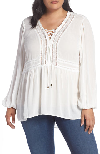 Seven7 Women's Lace up Peasant Top White Size 1X