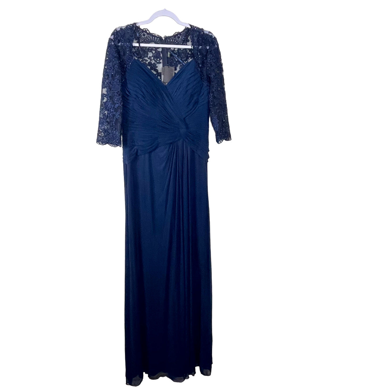 La Femme Ruched Twist Column Gown In Navy Size 10