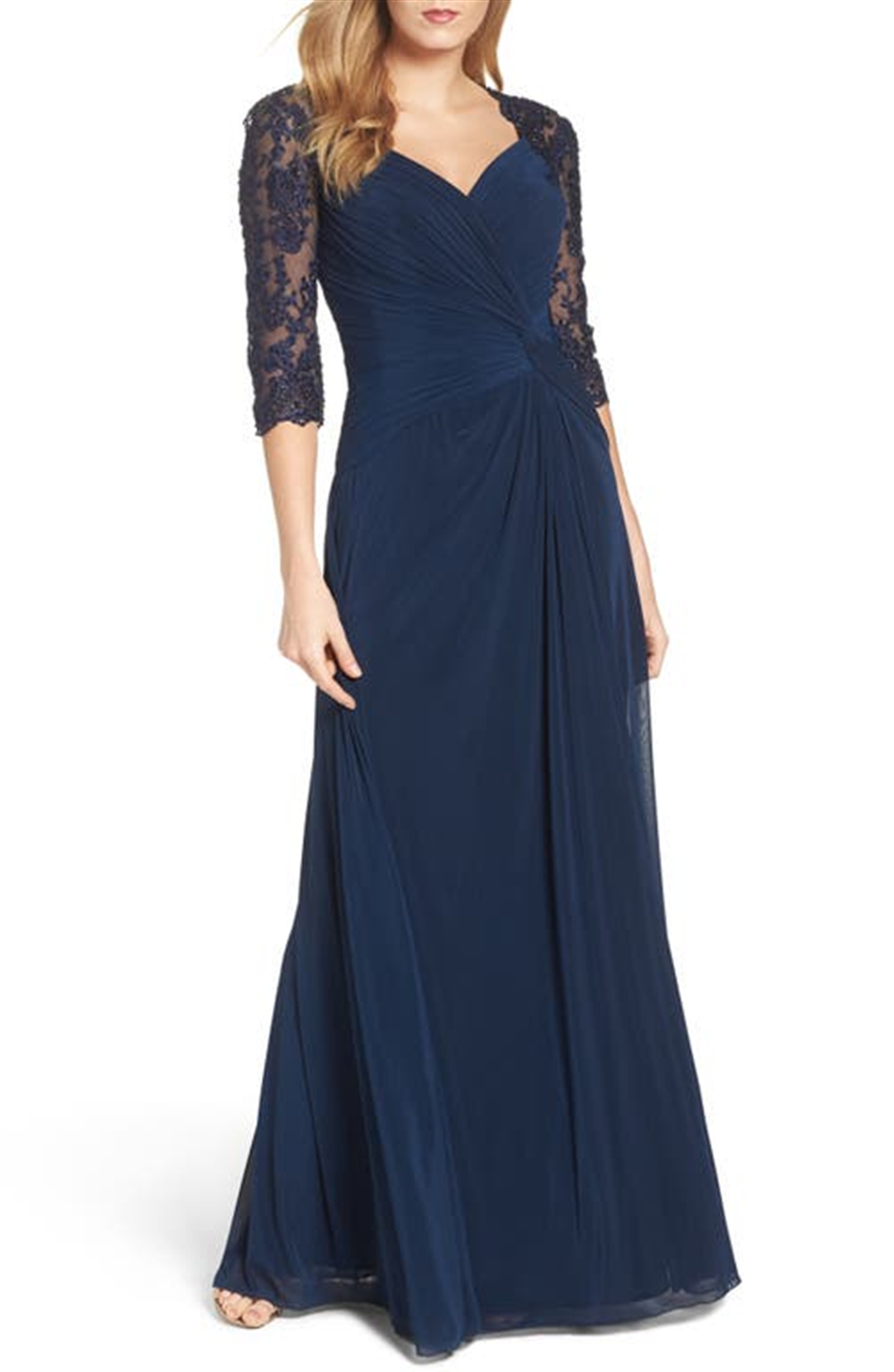 La Femme Ruched Twist Column Gown In Navy Size 10