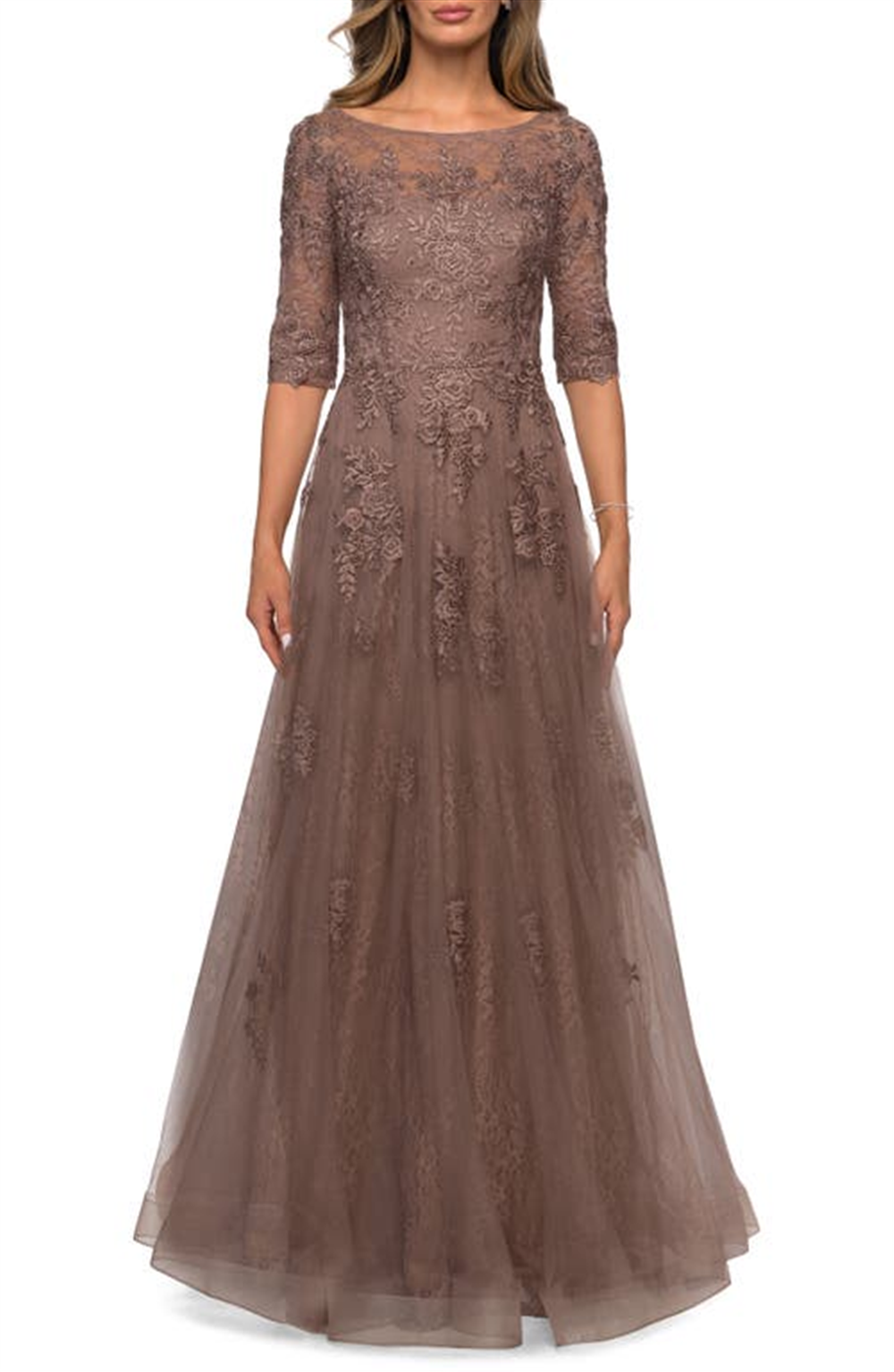 La Femme Women's Cocoa Floral Lace Gown Size 14