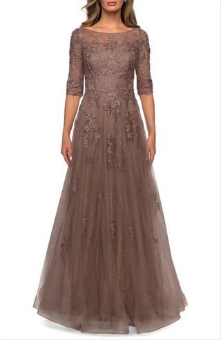 La Femme Women's Cocoa Floral Lace Gown Size 14
