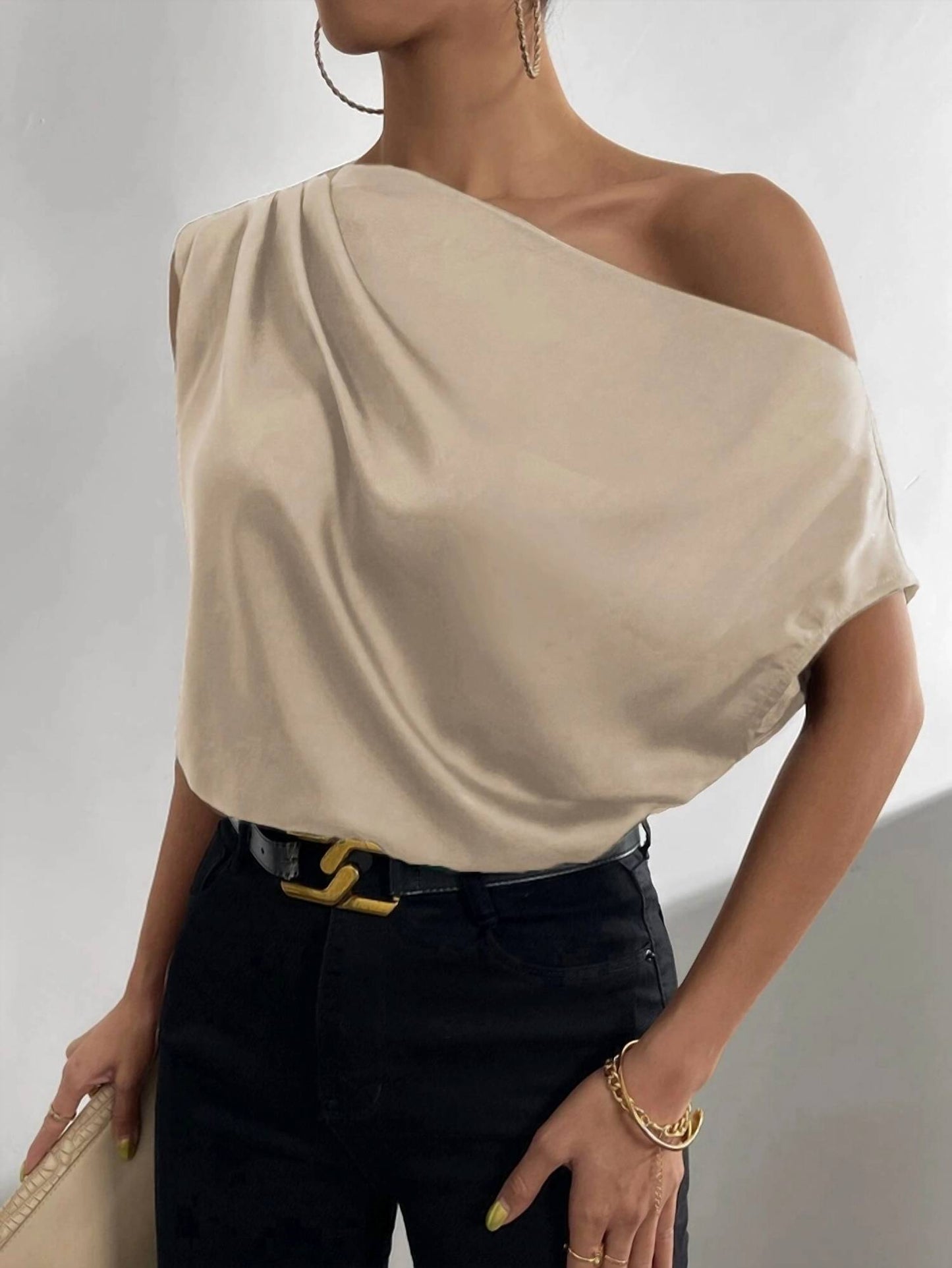 Hiddenbrand - SLANT COLLAR PLEATED ONE SHOULDER BLOUSE