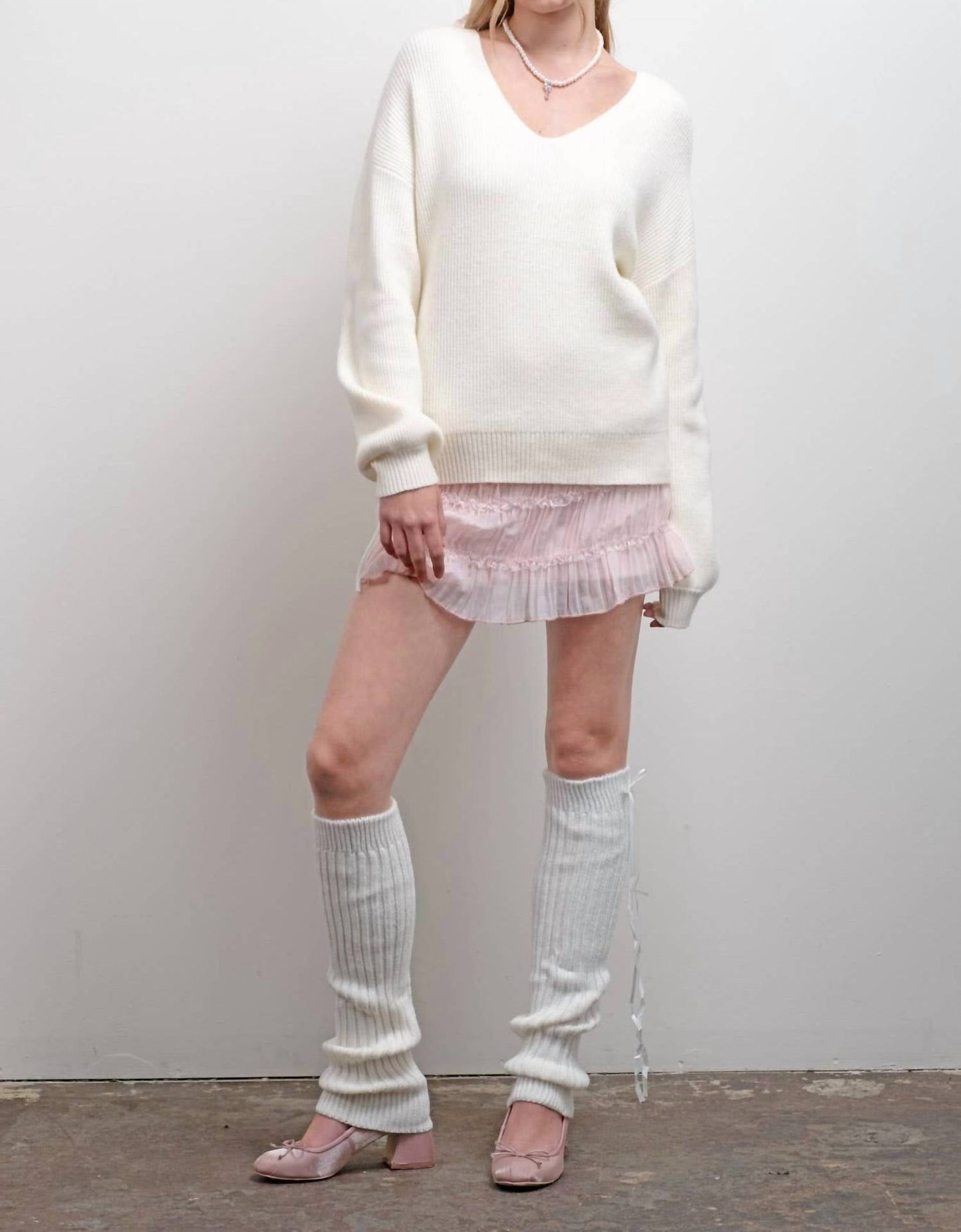 Blu Pepper - V Neck Drop Shoulder Back Bow Tie Detail Sweater