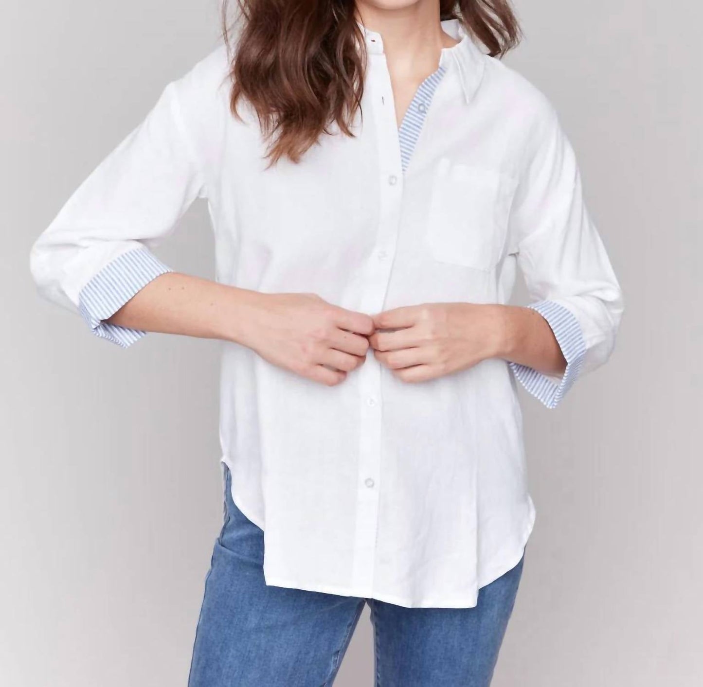 Charlie B - Linen Blend Drop Shoulder Shirt With Striped Cuffs