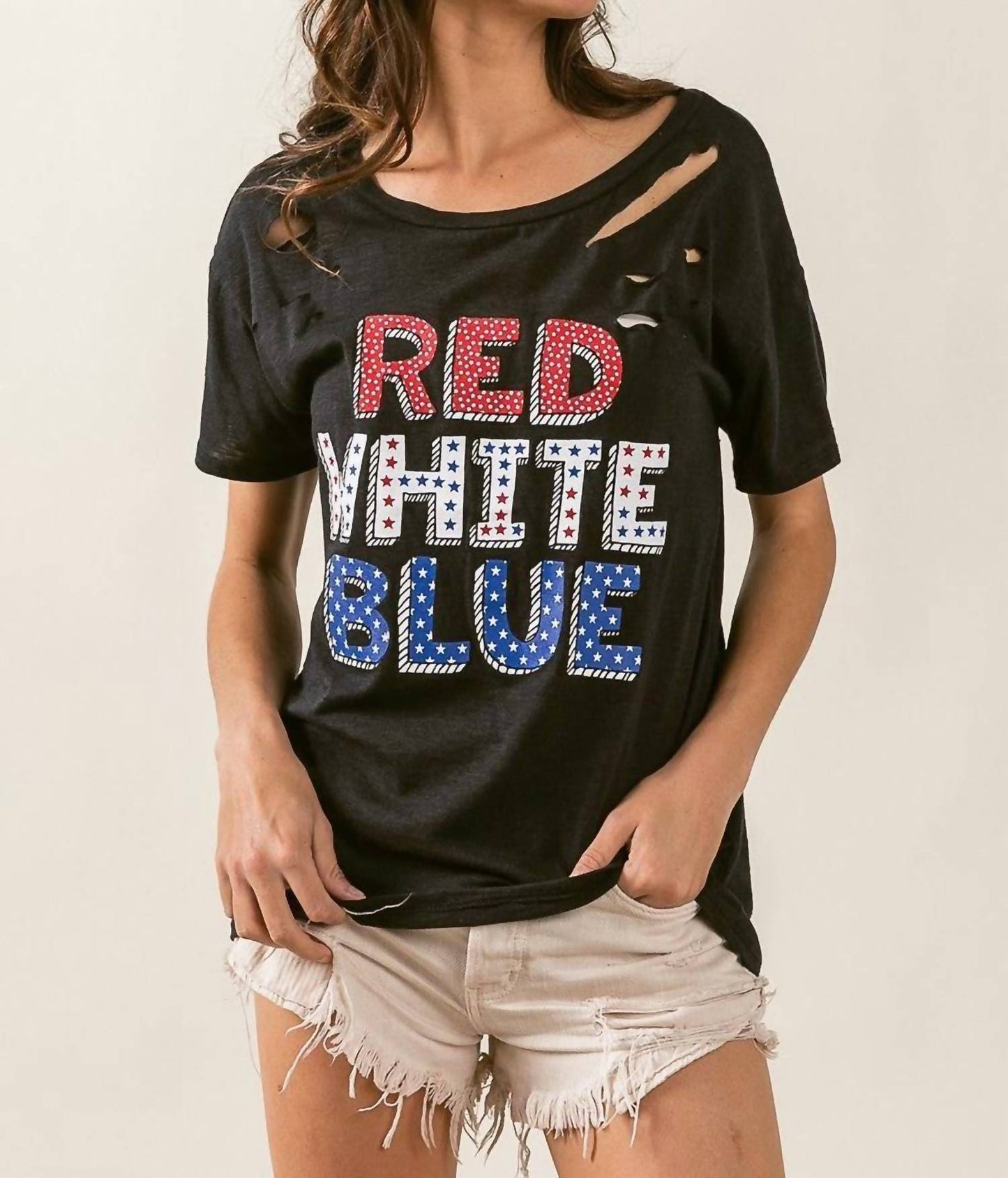 Bibi - Slub Lazer Cut Red White Blue Lettering Tee