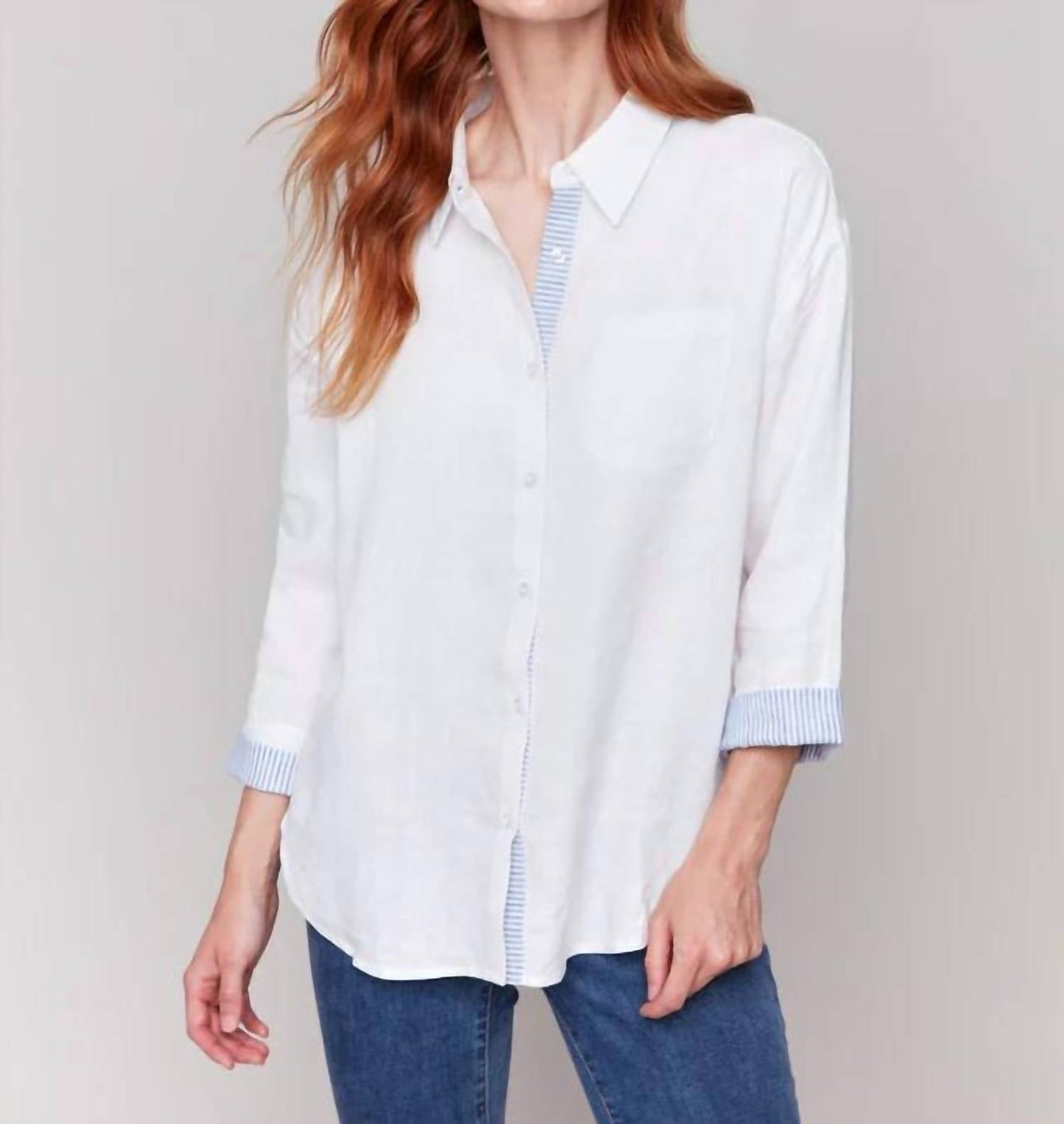 Charlie B - Linen Blend Drop Shoulder Shirt With Striped Cuffs