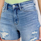 Judy Blue - High Waist Denim Shorts With Stitch Over Destroy Detail