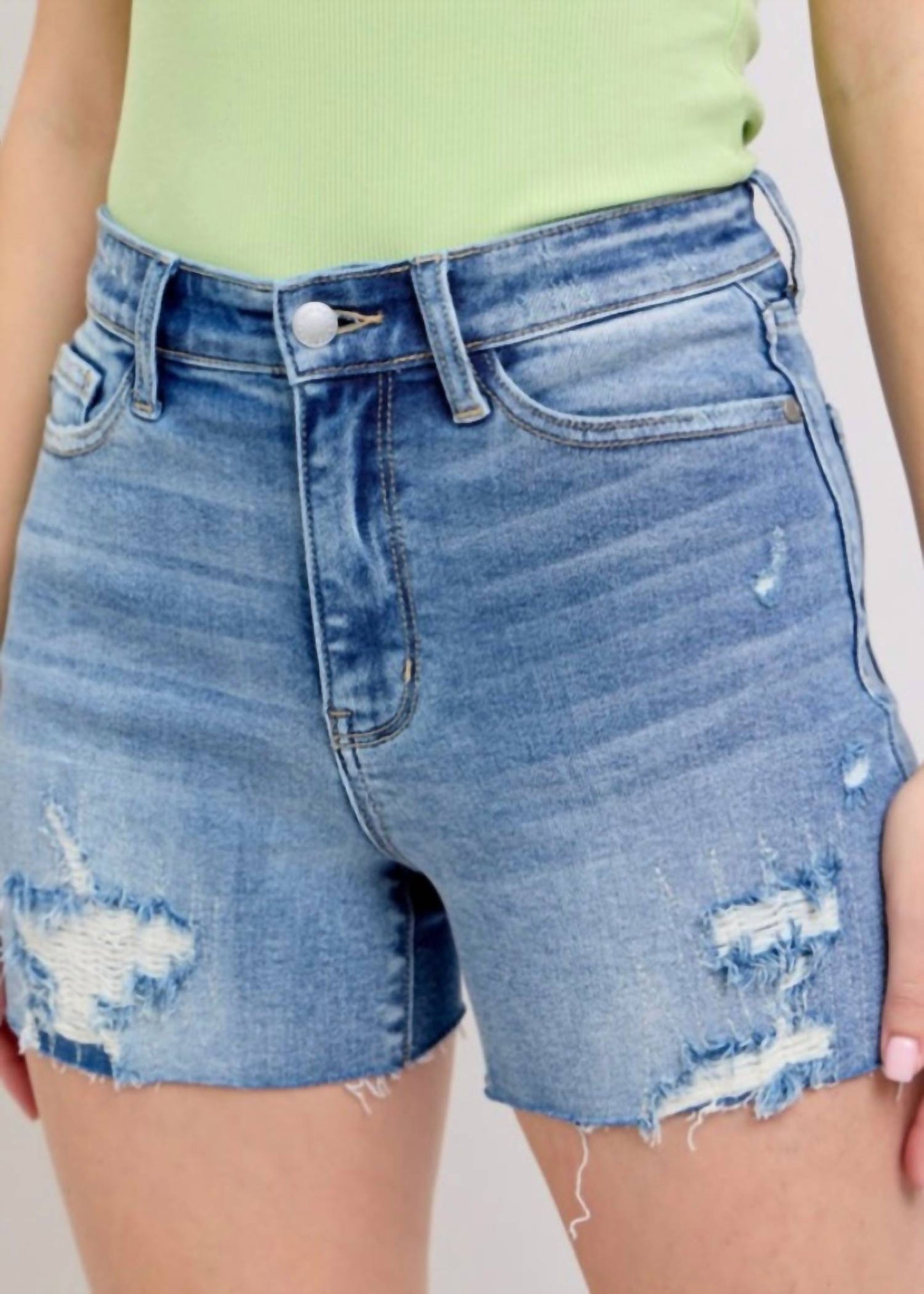 Judy Blue - High Waist Denim Shorts With Stitch Over Destroy Detail