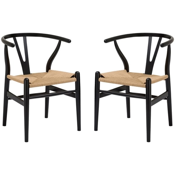 Poly and Bark Weave Chairs  Solid Wood Frame Set of 2 Natural Wood Finish