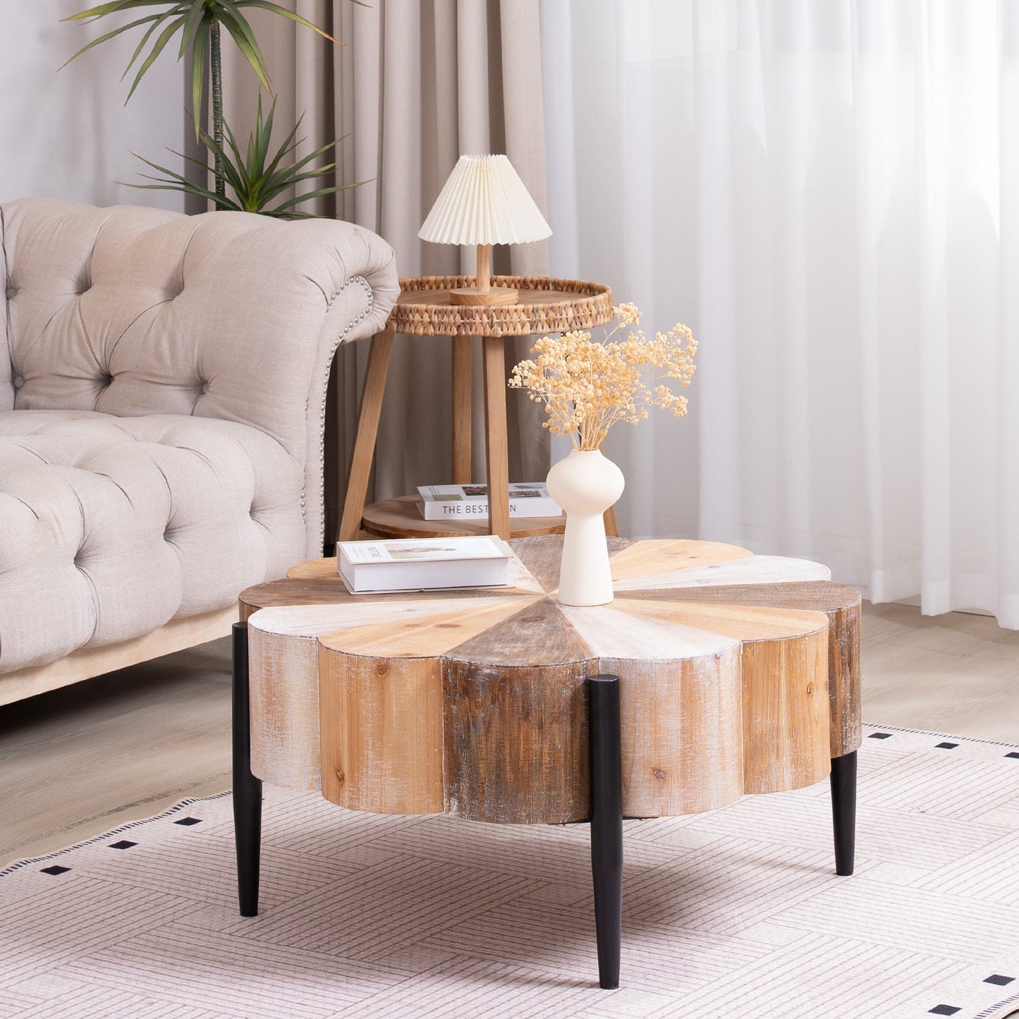 Rustic Manufactured Wood Flower-Shaped Coffee Table with Metal Legs