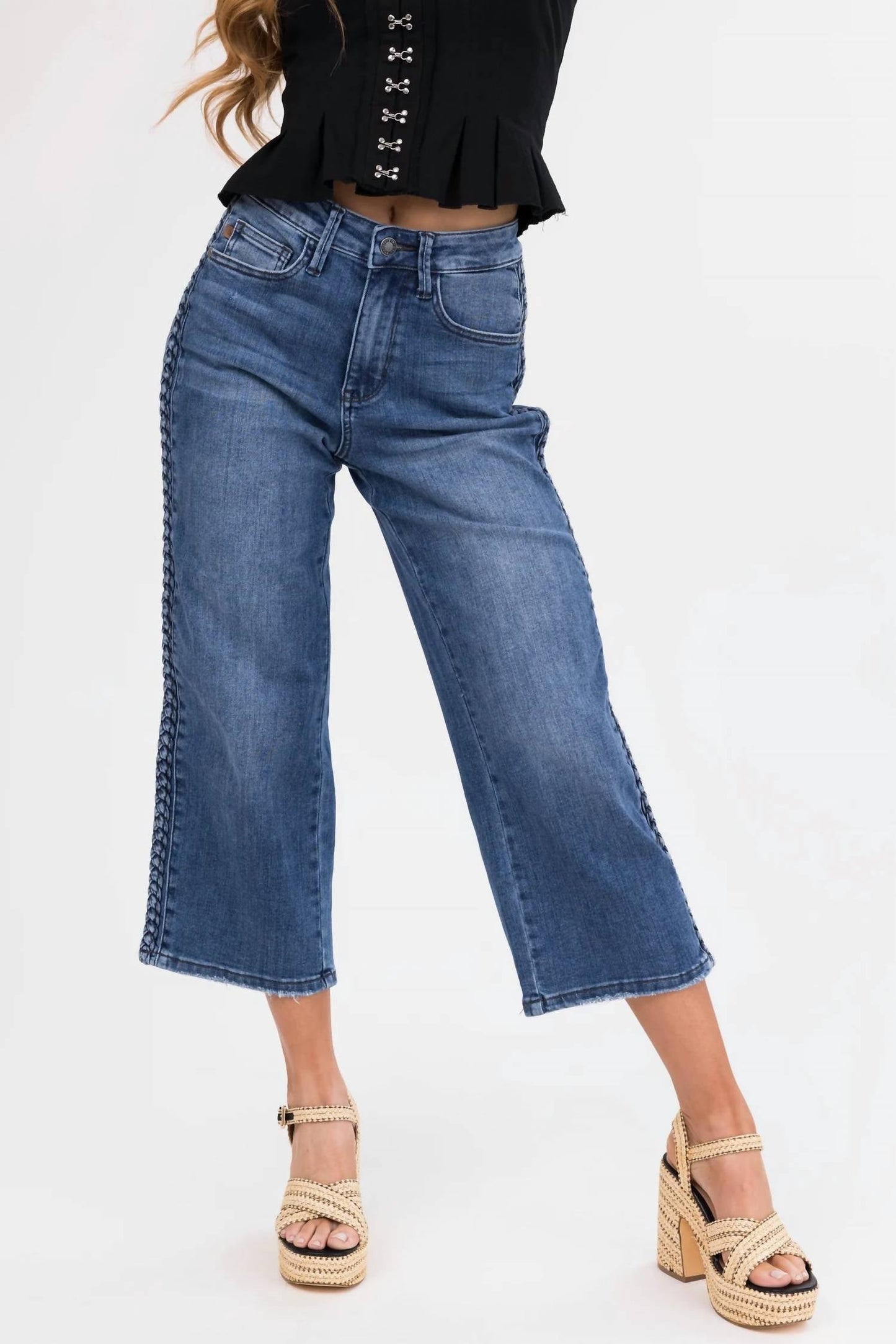 Judy Blue - High Waist Braided Detail Crop Wide Leg Jeans