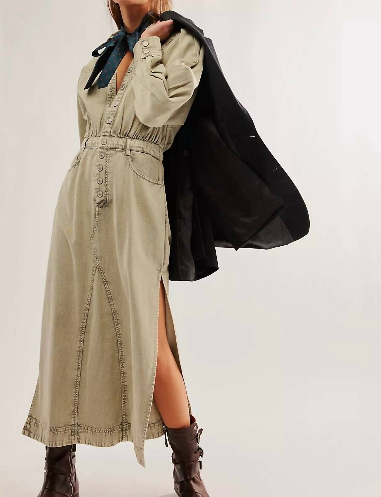 Free People - Mad Love Denim V-neck Midi Dress