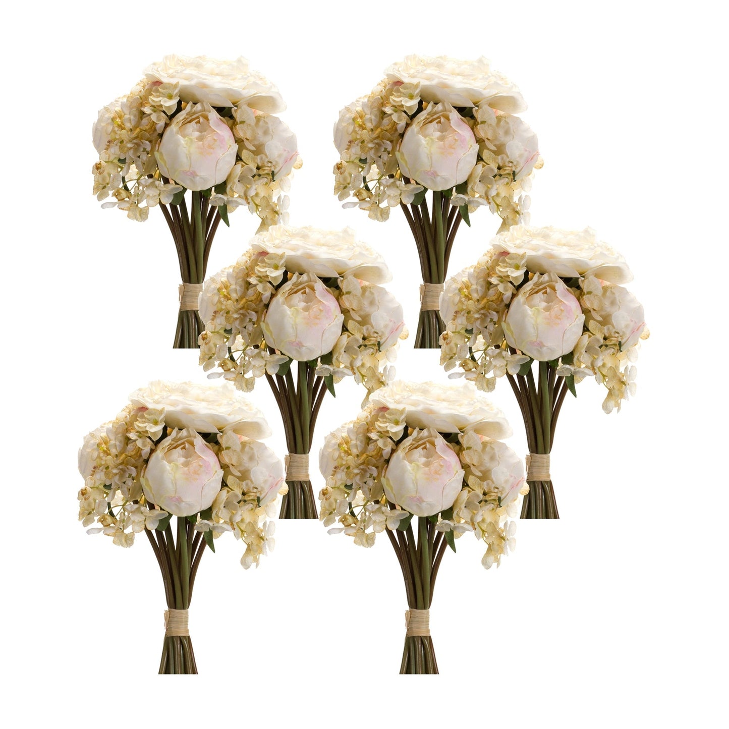 Ivory White Peony and Hydrangea Flower Bouquet (Set of 6)