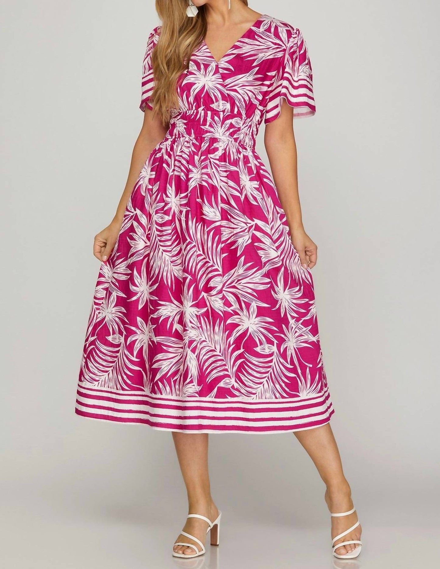 She + Sky - Short Sleeve Woven Tropical Print Midi Dress