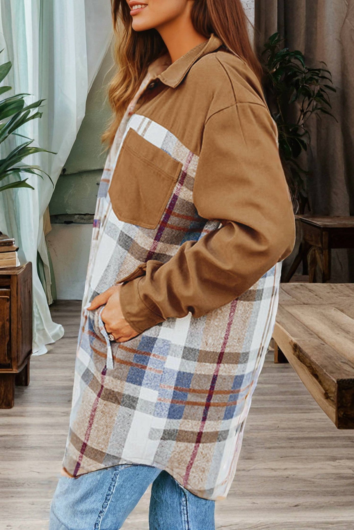 1 The Woman - Plaid Patch Work Long Sleeve Shirt Mini Fall Dress