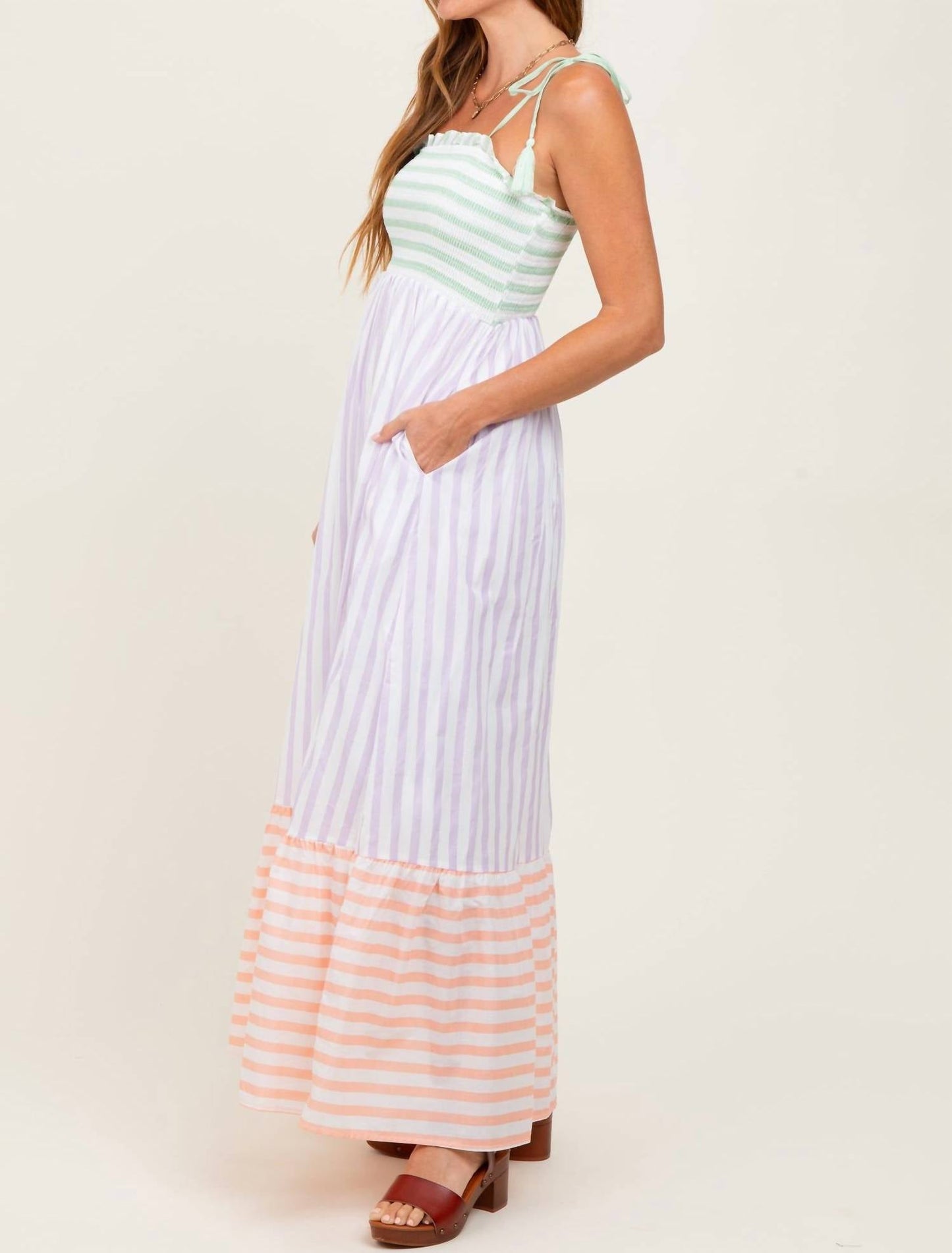 In February - Sherbert Striped Shoulder Tie Maxi Dress