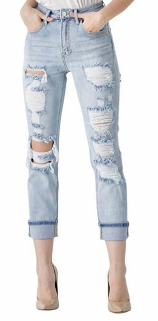 Risen - Women's Distressed High Rise Straight Jean