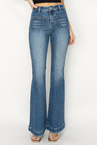 Risen - High Rise Patched Pocket Front Flare Jeans